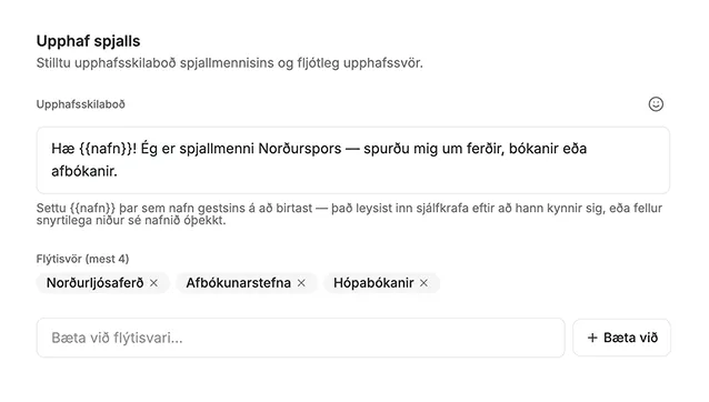 Skjámynd úr Grunni: upphaf spjalls þar sem viðskiptavinur spyr og fær svar strax